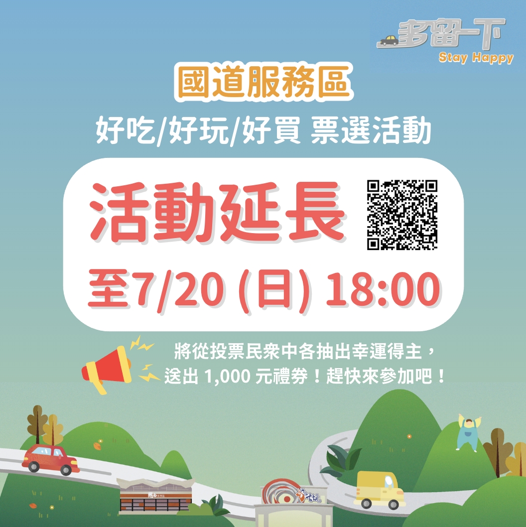只要參加「國道好便利」吃喝玩樂票選活動投下你心中的最愛，即可抽千元禮券！